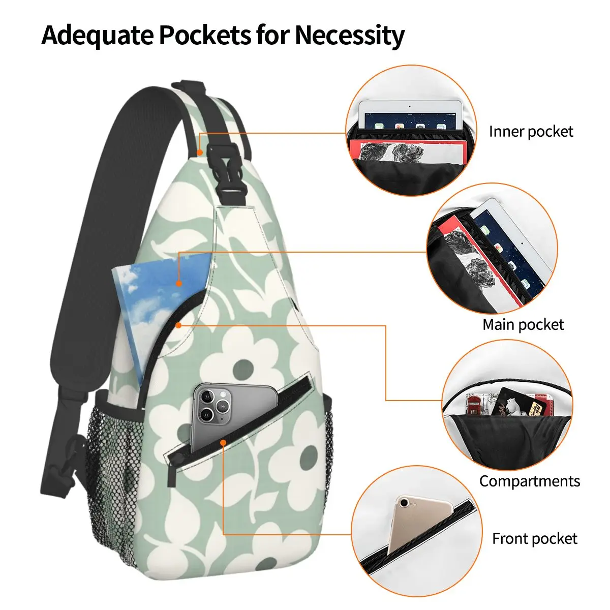 Bold Daisy Flowers Sage Green Playful Floral Design Chest Bag Men Sling Crossbody Backpack Chest Bag Travel Daypack Shoulder Bag