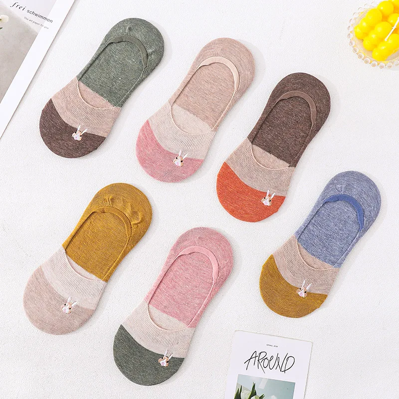 5 Pairs Women Socks Summer Harajuku Embroidered Ladies Boat Sock Striped Casual Cartoon Rabbit Female Breathable Invisible Socks