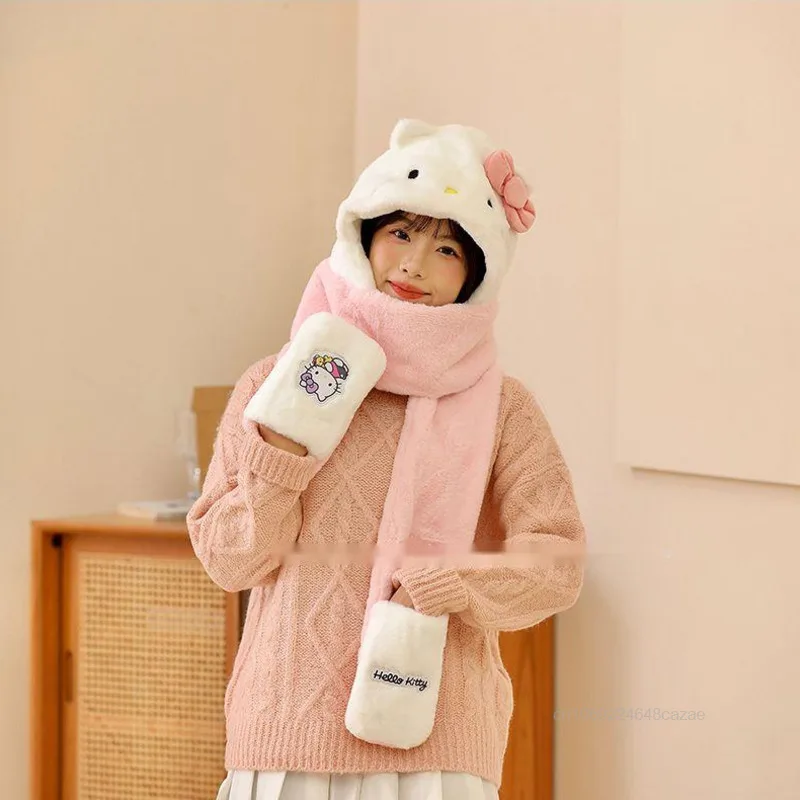 Sanrio sarung tangan syal topi Hello Kitty topi wanita lucu musim dingin kartun hangat 3 potong Set Y2k Aksesori boneka gadis manis