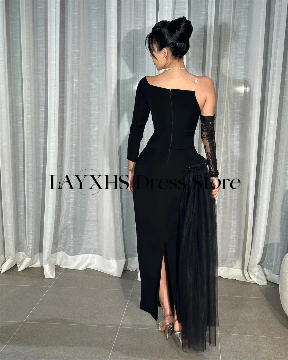 ชุดราตรี LAYXHS แบบใหม่ ไหล่เดียว แขนยาว ทรงเมอร์เมด ประดับลูกปัด ยาวถึงข้อเท้า ชุดราตรีออกงานสั่งตัดได้