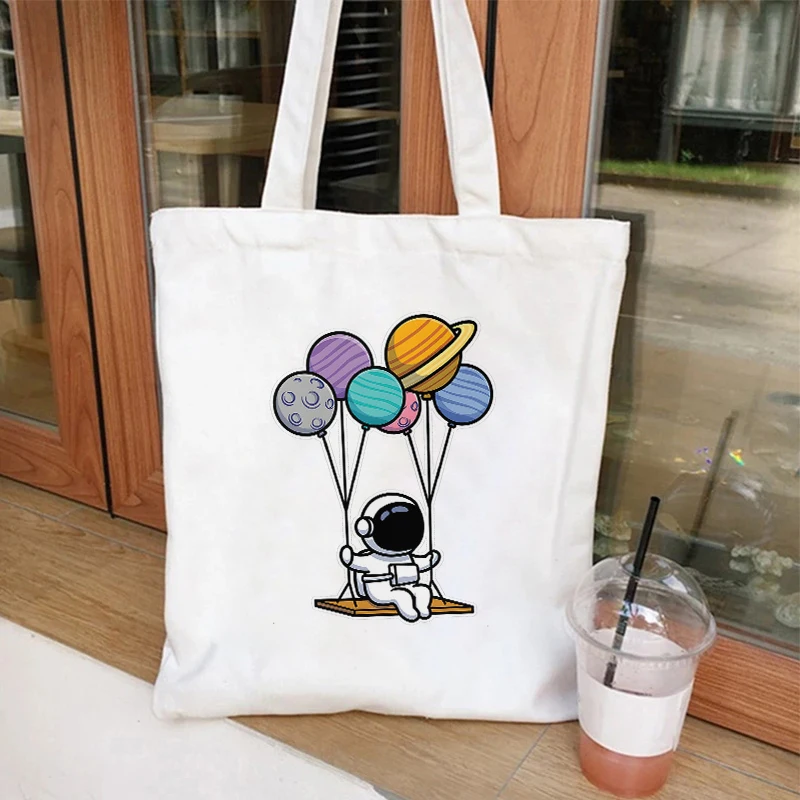 Bolsas de lona astronauta bonito, sacolas de compras adolescentes, série espacial engraçada, armazenamento gráfico, saco comprador reutilizável para estudante