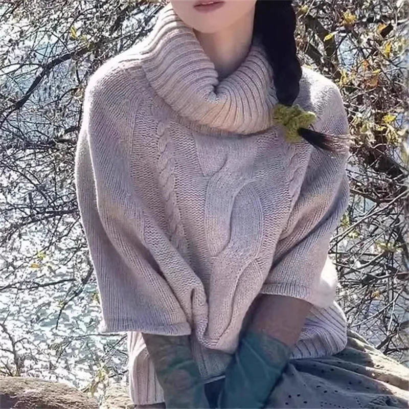 

Вязаный свитер с высоким воротом, пуловер, осень-зима, новый стиль, рукав три четверти, свободный ленивый свитер-накидка, женская верхняя одежда
