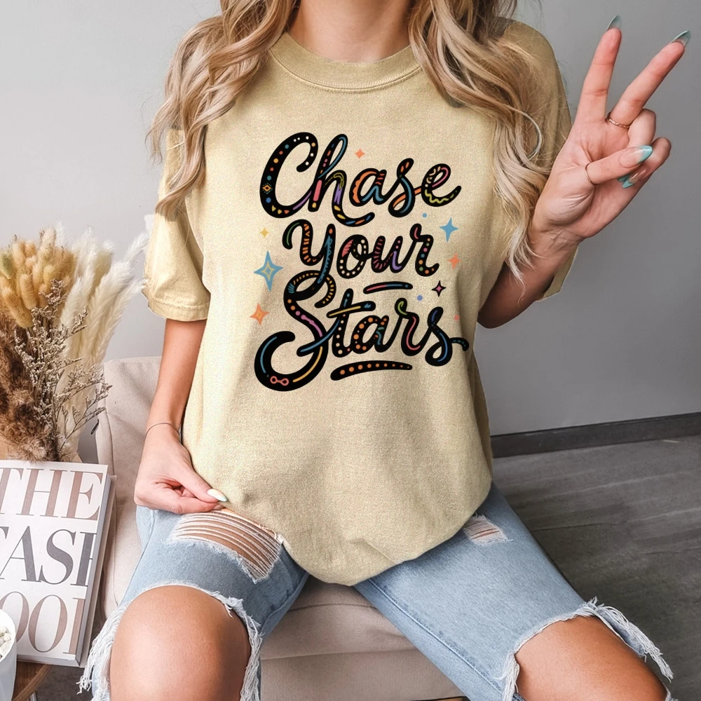 

Chase Your Stars Cute Lettters Printing Y2K Women‘s Clothes Cotton Casual T-Shirt Crew Neck Graphic Colorful Tees Street Wear