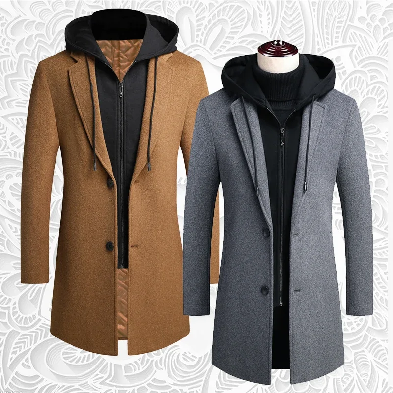 

2023 Autumn/Winter New Men's Korean Casual Woolen Coat Mid length Detachable Hat Trendy Coat Men's Wear M-5XL