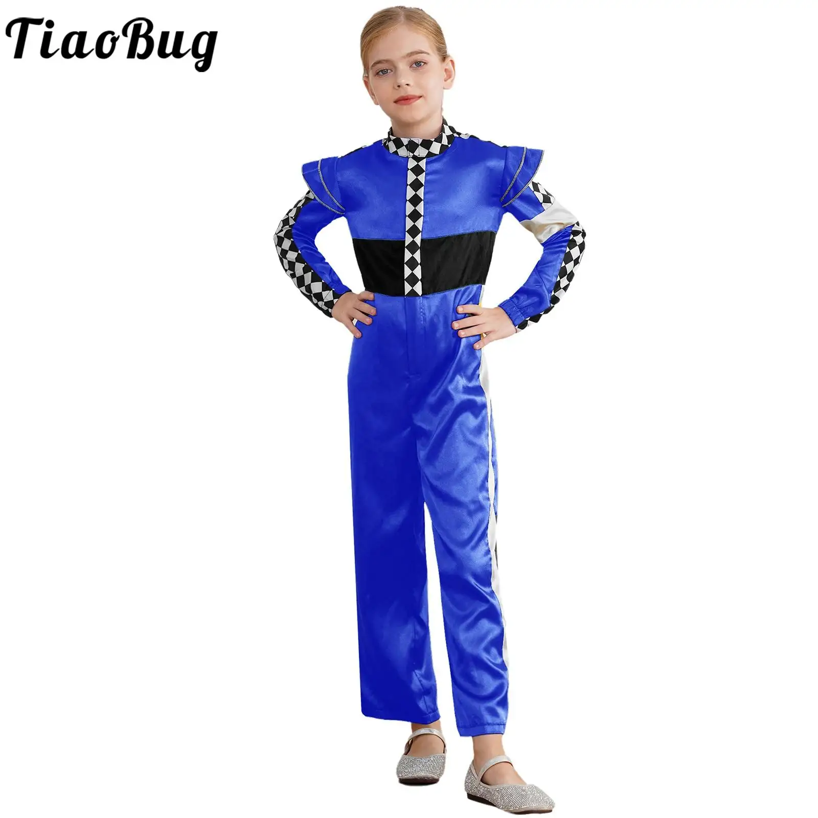 Kids Racer Driver Costume Color Block Checkerboard Bodysuit Racing Jumpsuit Halloween Cosplay Festival Themed Party Dress Up