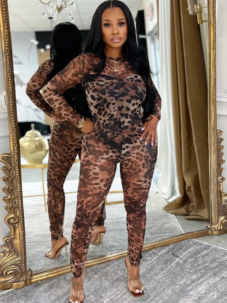 

Women Jumpsuits For Autumn Winter Mesh Leopard Print Long Sleeve Fashion Streetwear Perspective Overalls Pencil Pants Trousers