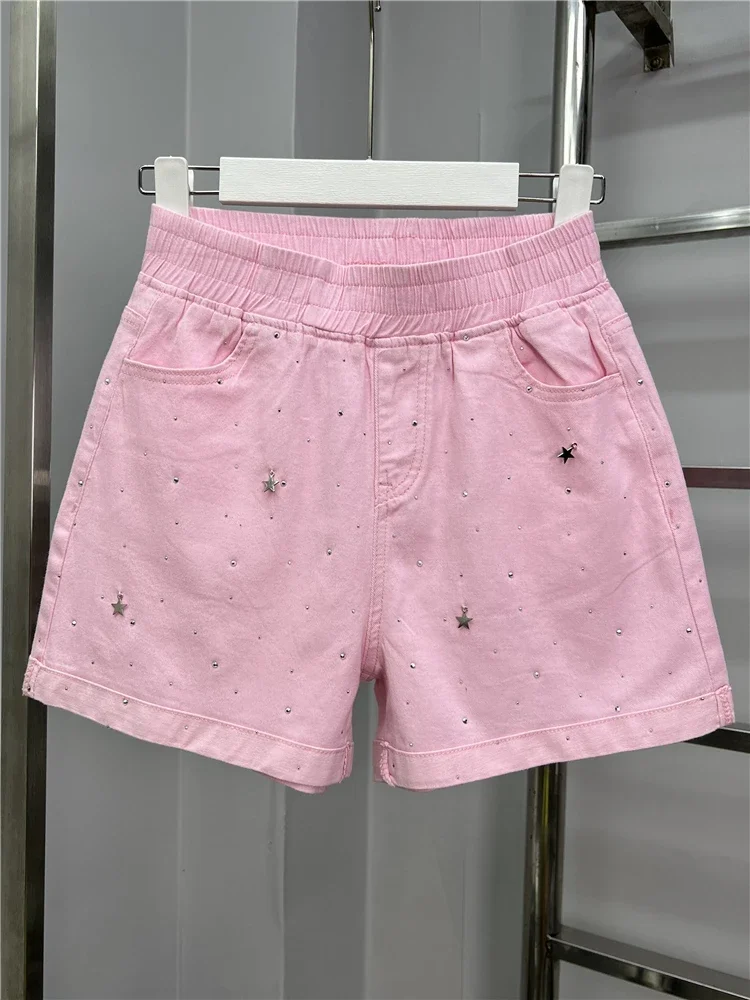 Candy Color Water Diamonds Beads Women Denim Shorts Elastic Waist Loose Wide Leg Jeans 2024 New Spring Summer A-line Hot Shorts