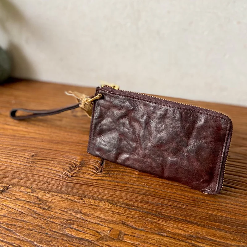 AETOO  High density planted tanned cow leather handmade long purse multi-card thin women's clutch bag retro simple men's wallet