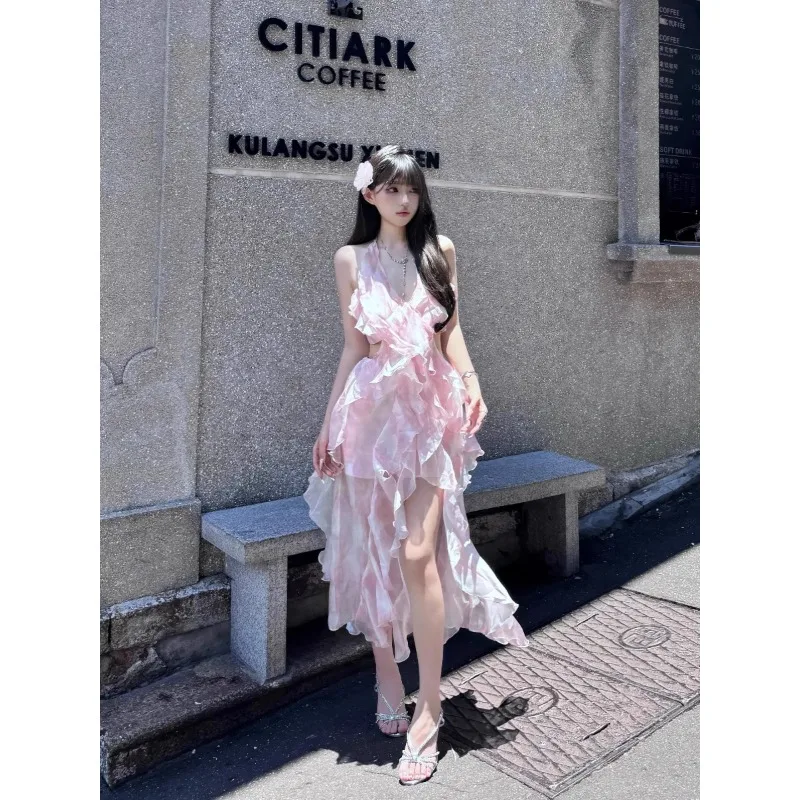 Pink Ruffle Leaf Edge Halter Neck Suspender Dress New Seaside Vacation Style Irregular Skirt