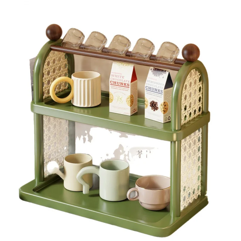 2 Tier Vintage Rattan Cup Storage Rack Countertop Coffee Mug Organizer with Glass Holder for Kitchen Bar Kitchen Organizer view 6