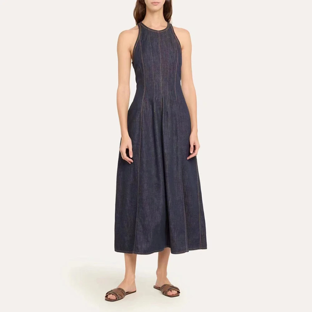 

Cotton Blend Denim Women's Dress Y2k Vintage Washed Commuter Round Neck Sleeveless Long Dress 2024 Summer New