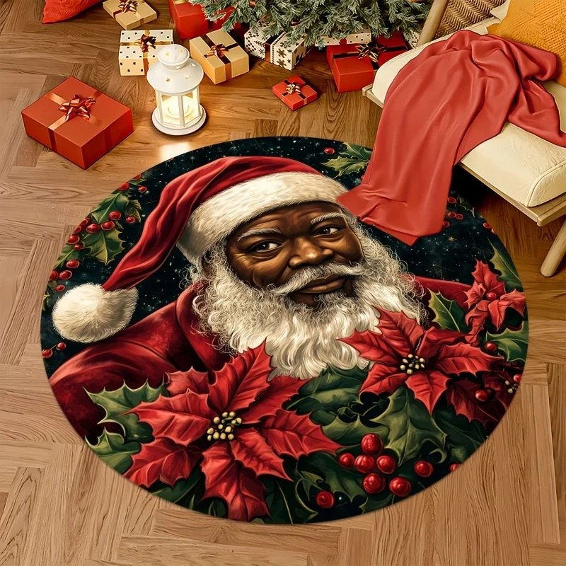 Black Santa Poinsettia Round Area Rug, Christmas Floral Printed Floor Mat, Xmas Holiday Decor Carpet for Living Room