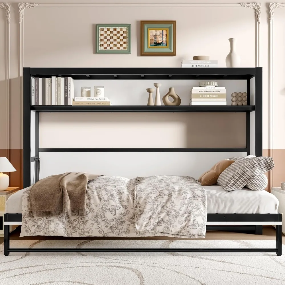 

horizontal twin murphy bed with built-in shelves and metal slat support, space-saving folding wall bed cabinet, and heavy-duty f