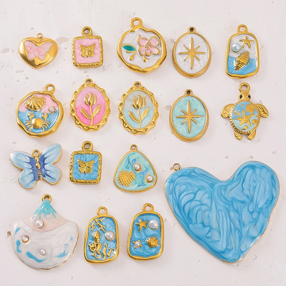

2/5pcs Stainless Steel Enamel Pendant Flower Butterfly Turtle Charms for Jewelry Making DIY Bracelet Handmade Accessories Crafts