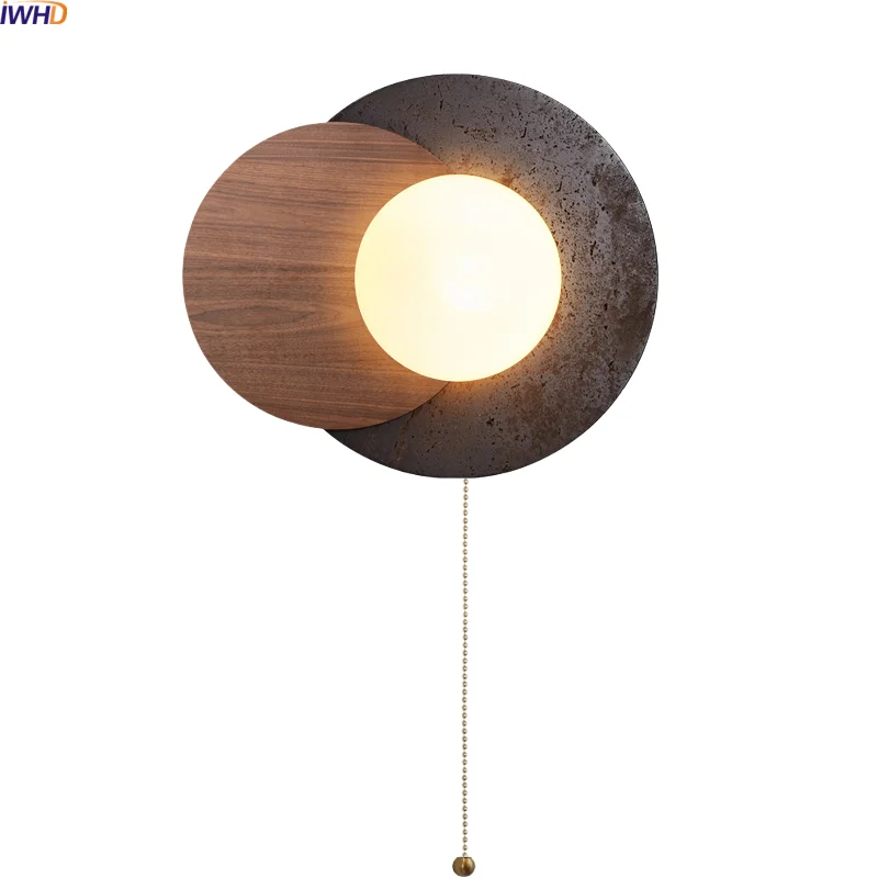

IWHD Pull Chain Switch LED Wall Light Indoor Luxury Decor Black Travertine White Glass Wood Japan Style Bedside Lamp Wandlamp