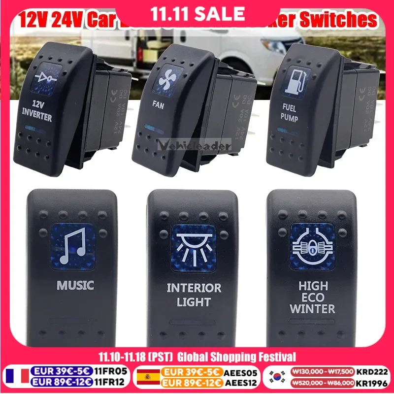 1pcs 12V 24V 5 Pin Car Boat Caravan Rocker Switches Waterproof Rocker Switch Dual Blue LED Light Bar