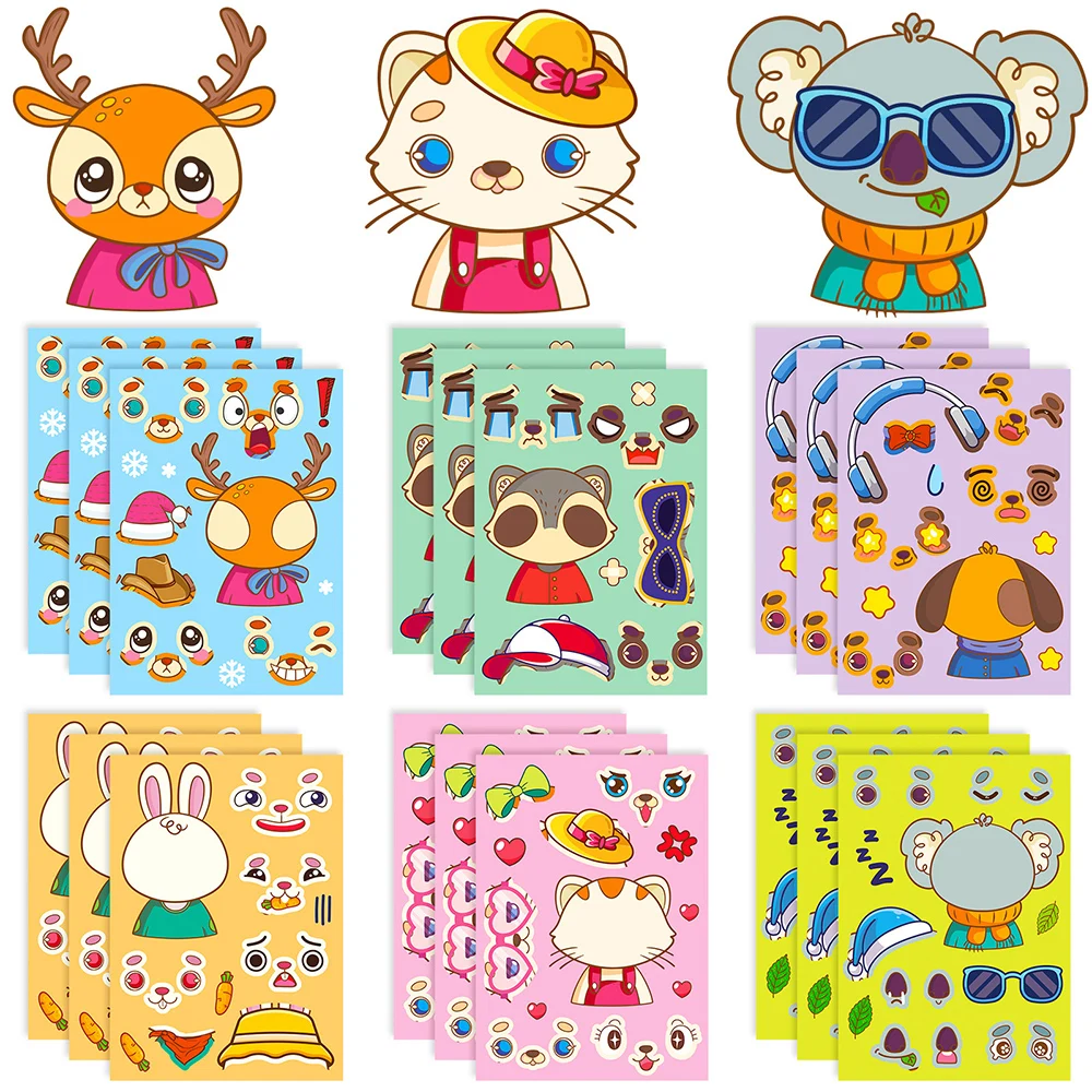 6/12Sheets Make a Face Cute Animal Puzzle Stickers DIY Cat Elephant Children Assemble Jigsaw Reward Kid Educational Party Favors