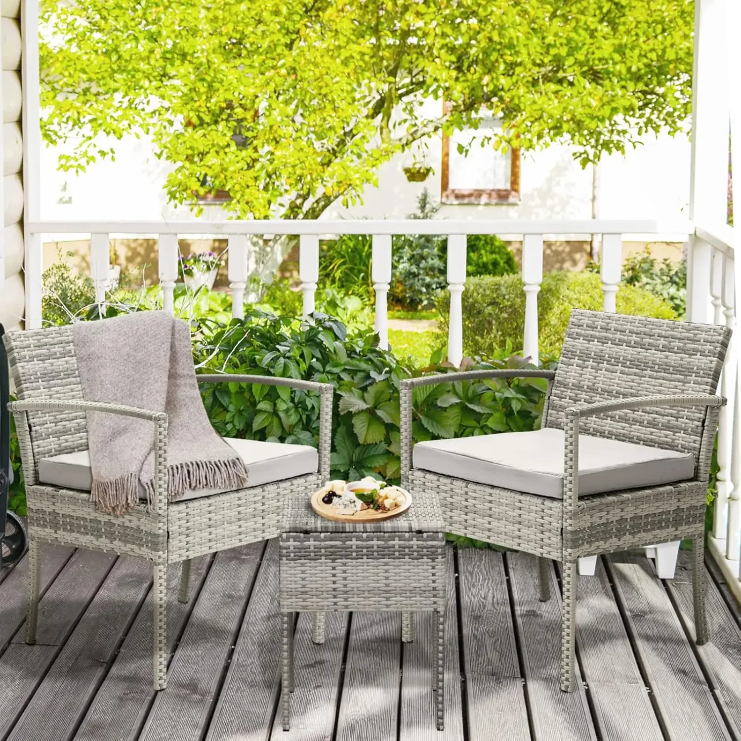 3 Pieces Patio Furniture Set, Balcony Furniture, Patio Bistro Set All-Weather Wicker Chairs Conversation Set with Cushion