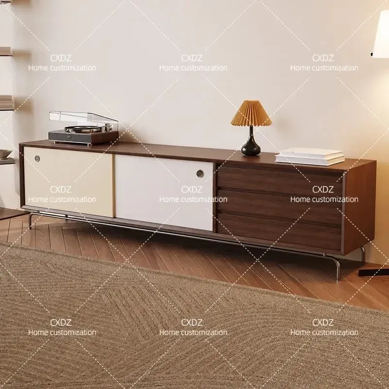 Retro Walnut TV Cabinet and Coffee Table Set Mid Century Modern Style Compact Living Room Furniture with Integrated Storage