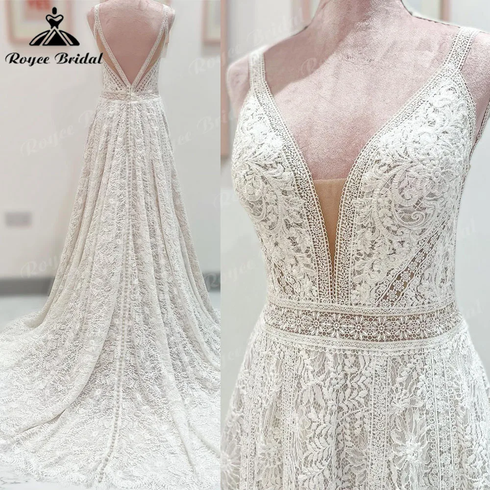 Plunging Deep V Neck Lace Boho A Line Bohemian Wedding Dress for Women 2025 Customized Bridal Gown Backless vestidos de novia