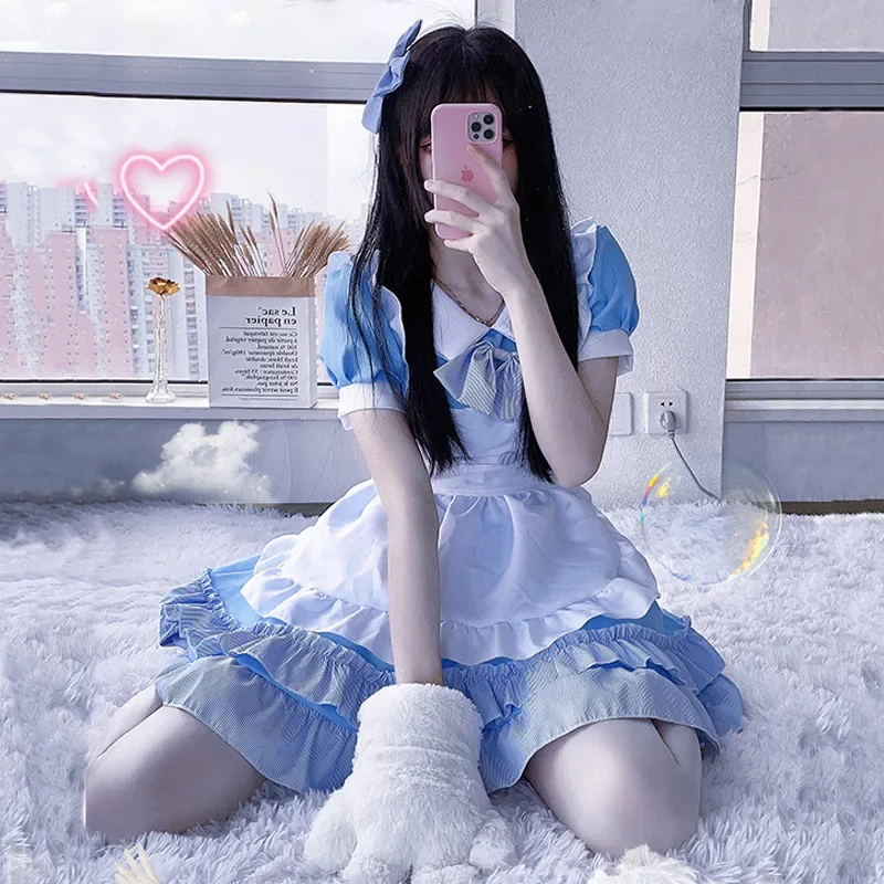 أنيمي ثنائي الأبعاد زي خادمة زرقاء وبيضاء للفتيات ، فستان لوليتا تأثيري ، ناعم ، ياباني