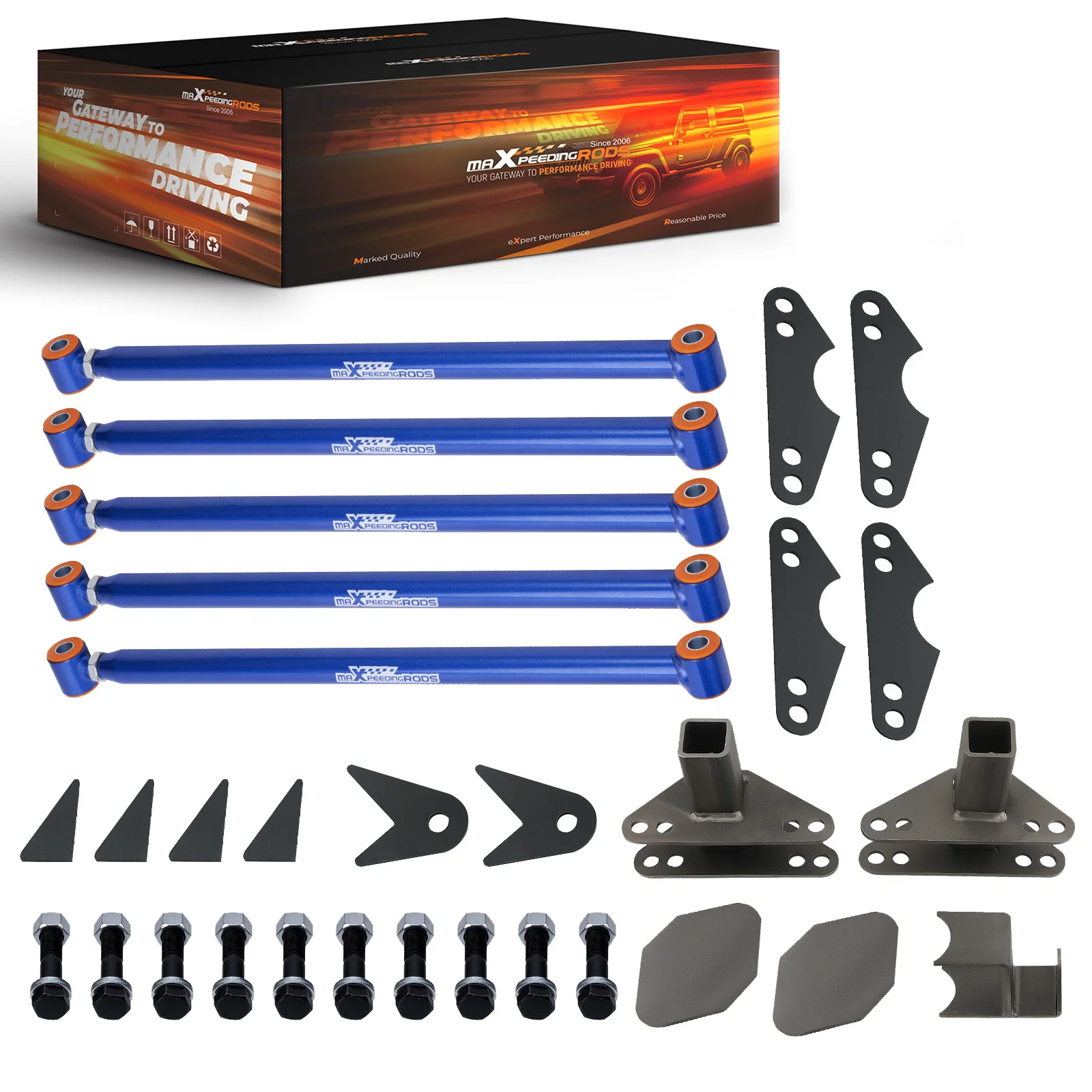 MaXpeedingrods Universal Rear Weld On 4 Link Suspension Lift Kit For Truck Classic Car Air Ride Heavy Duty 24" Steel Bars Blue