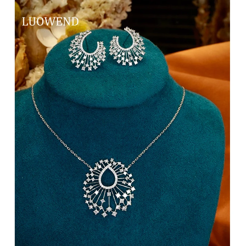 LUOWEND 100% 18K White Gold Necklace Women Luxury Real Natural Diamond Pendant Necklace Shiny Earrings High Party Jewelry Set