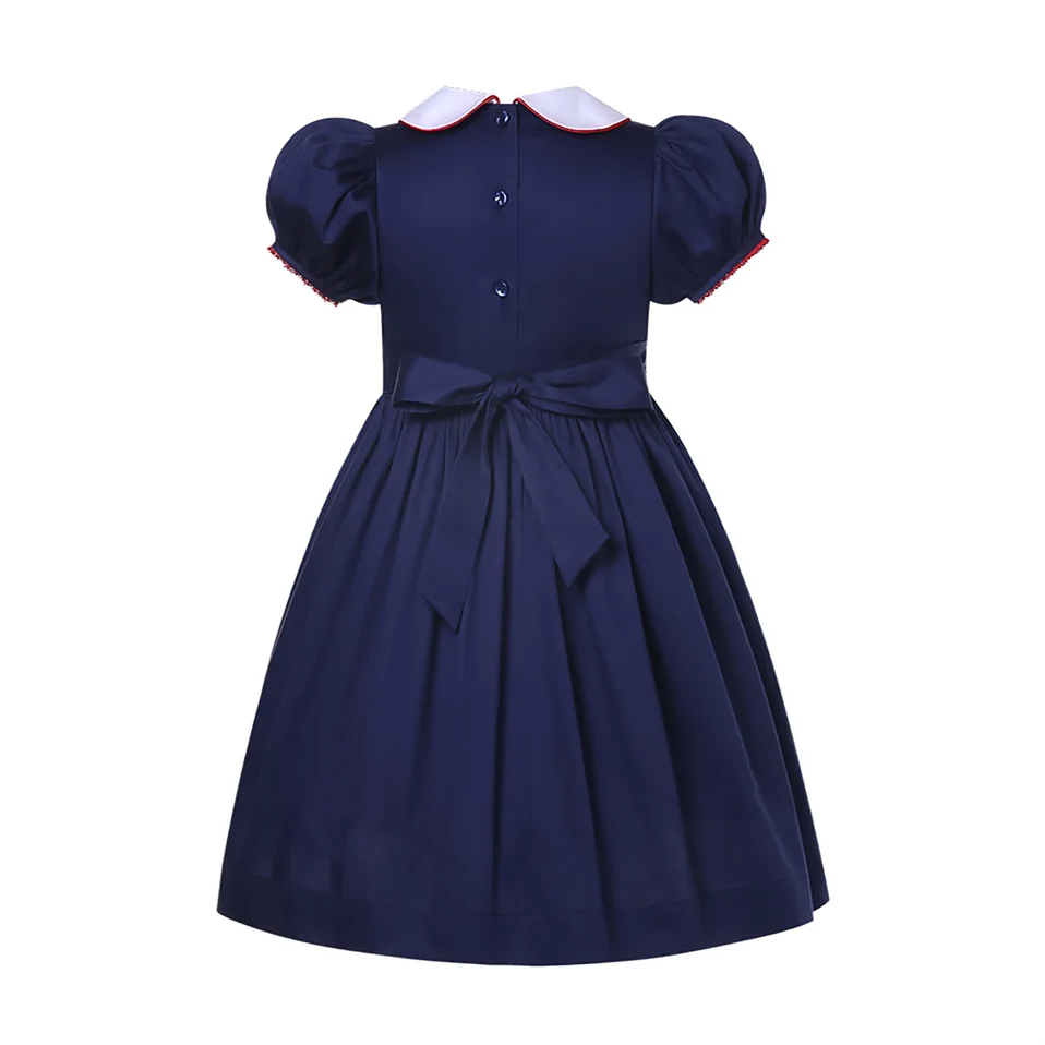 Pettigirl Girls Children Toddler Navy Embroidery Bubble Sleeve Summer Casual Smocked Dresses Clothing Size 2 3 4 5 6 8 10 12 Yrs