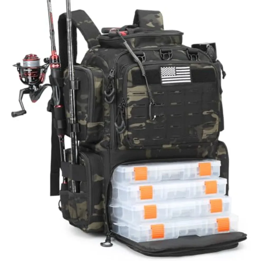 

Tactical Fishing Tackle Backpack with Tackle Boxes Rod Holders Bottle Holder 50L Large Insulated Fishing Backpack Tackle Box wi