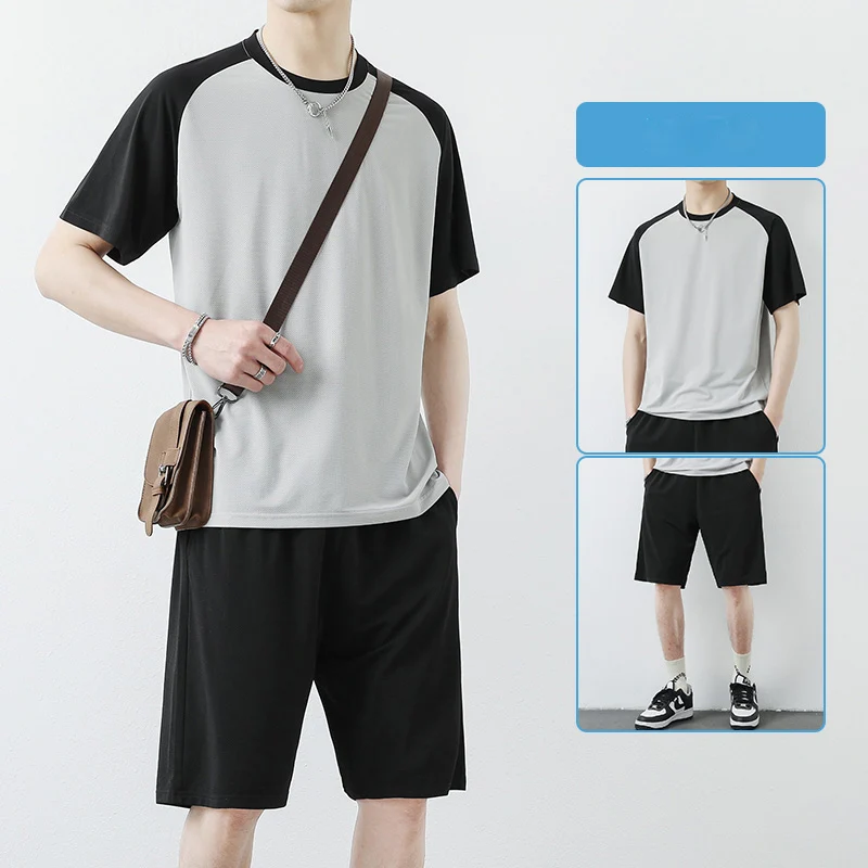 Fashion O-Neck Spliced Loose All-match Short Sleeve Men\'s Sets 2024 Summer New Oversized Elastic High Waist Shorts Casual Sets