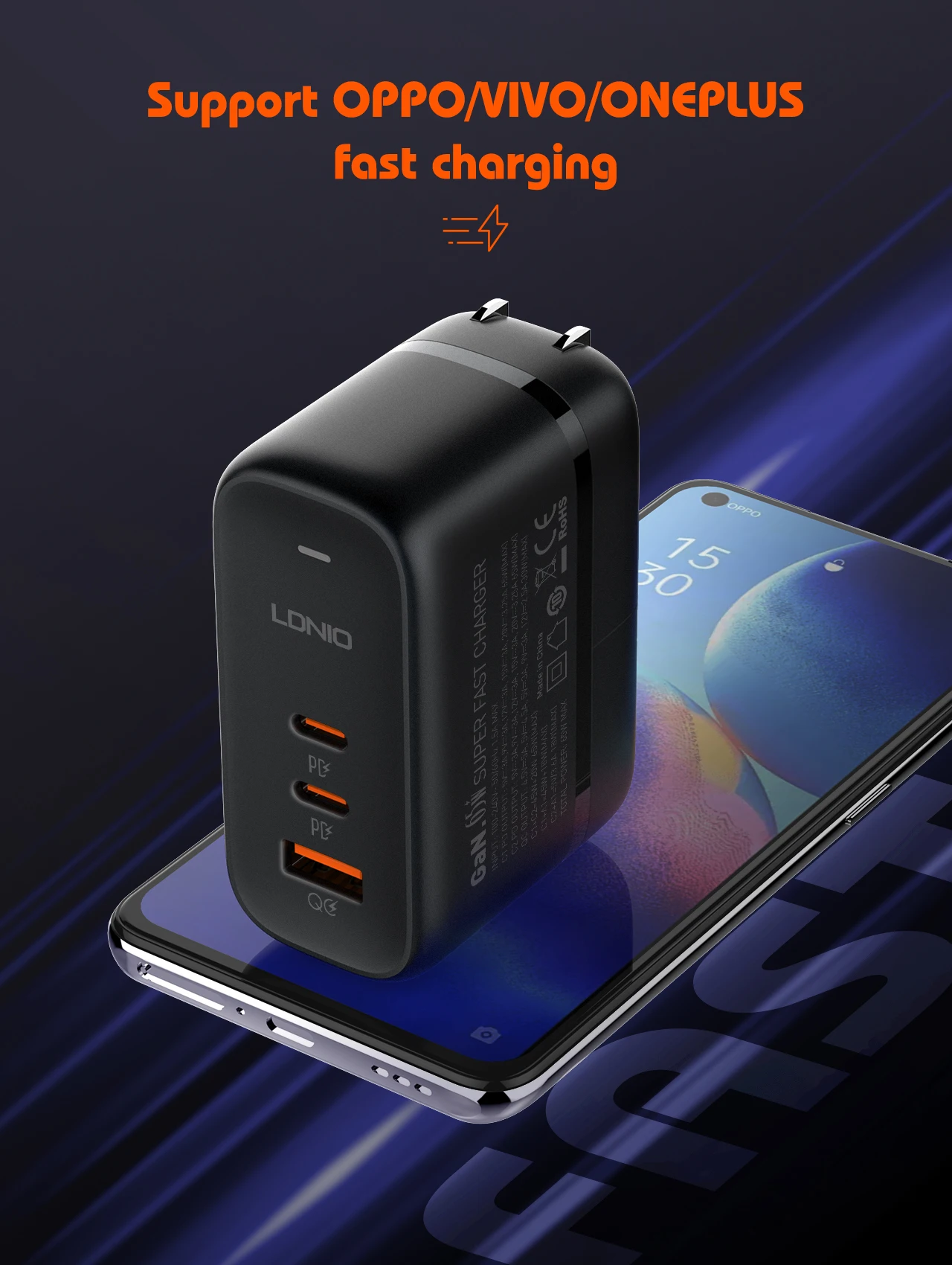 LDNIO GaN 65 W USB C Ladegerät Reiseladegerät PD QC Wandladegerät 3 Port Internationaler Steckeradapter EU UK US AU Reisesteckeradapter – Detail 9