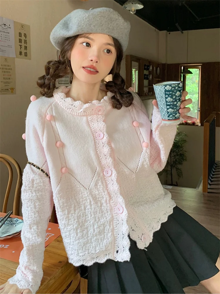 

Новинка осени 2024, женский милый стильный мягкий вязаный кардиган Kawaii для девочек, лоскутные свитера с 3D помпоном, розовый тренд Casaco Feminino