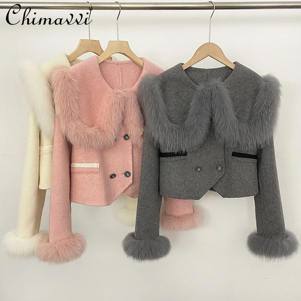 

2025 Winter Elegant Socialite Wool Coat Fox Fur Patchwork Long Sleeve Single-Breasted Sweet Versatile Short Woolen Jacket Women