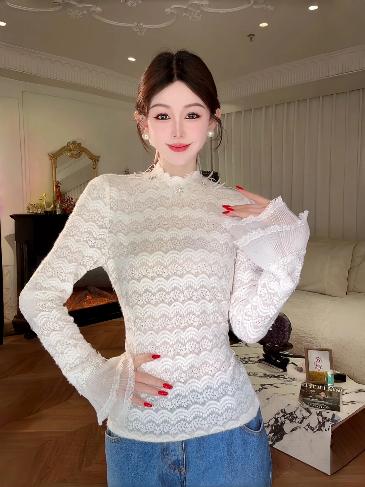 

Эластичный кружевной базовый топ Ele High с 3D-цветками и пайетками от Yuxiao Xiang в китайском стиле для женщин Long Sve