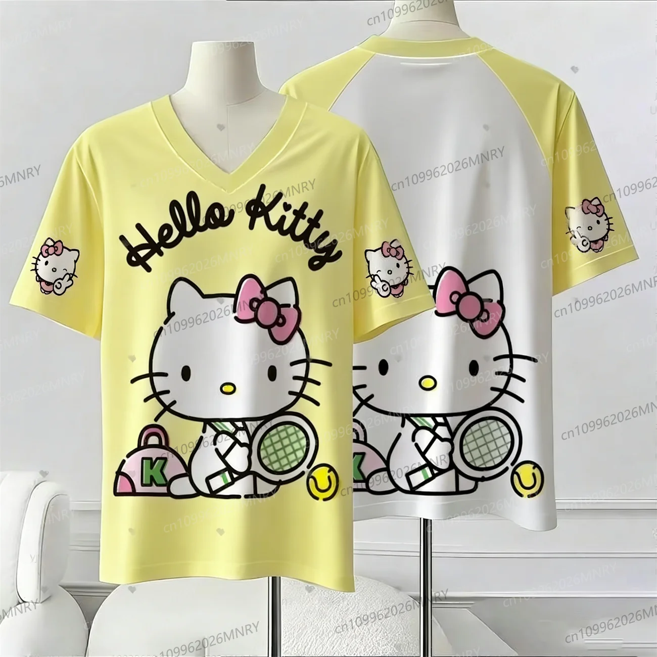 Camiseta Summr para hombre, camiseta Sanrio Hello Kitty, ropa deportiva de dibujos animados para mujer y hombre, cuello en V, ropa informal holgada y ligera, Top de playa transpirable