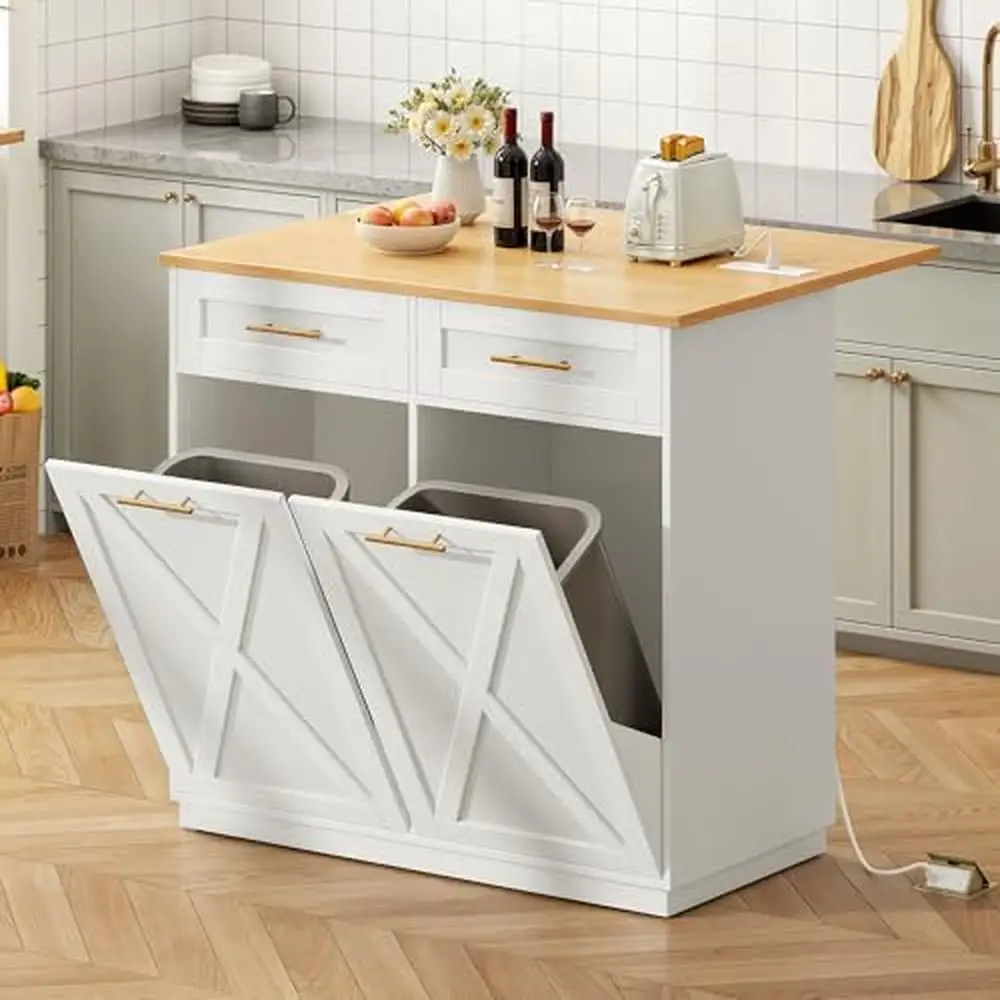 Kitchen Island Trash Can Storage Cabinet Bar Drop Leaf Power Outlet Wheels Organize and Entertain in Style