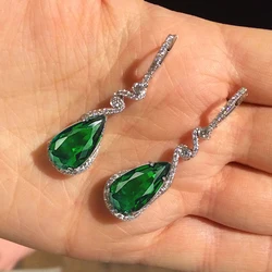 Huitan Luxury Pear Green Cubic Zirconia Earrings for Women Temperament Hanging Earrings Engagement Wedding Party Fashion Jewelry