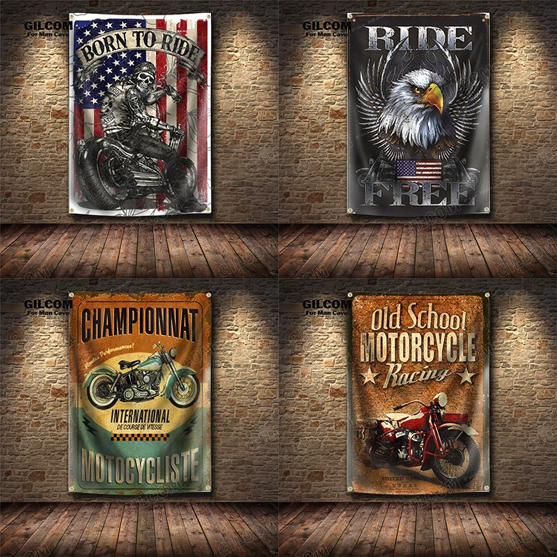 Retro Motorcycle Race Banner Flag USA Classic Vintage Poster Wall Vintage Garage Decor Advertisement   Sign Pub Club Bar view 4
