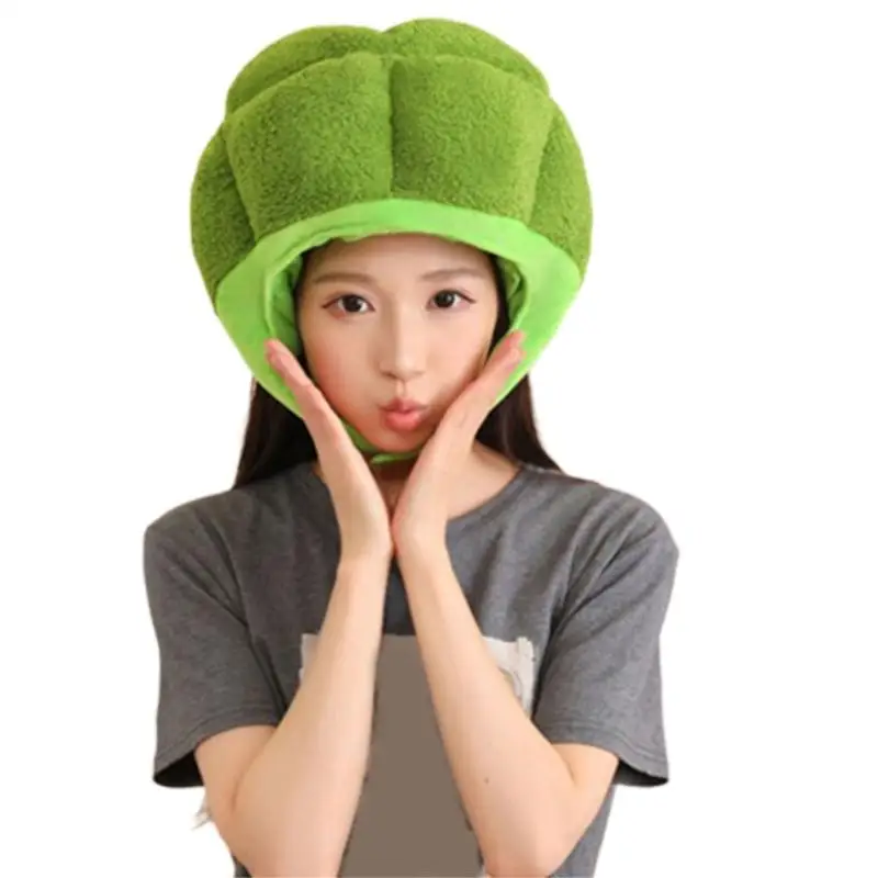 

652F Green Brokkoli Headgear Plush Brokkoli Hat Novel Funny Brokkoli Caps Photography Props Halloween Party Cosplay Costume