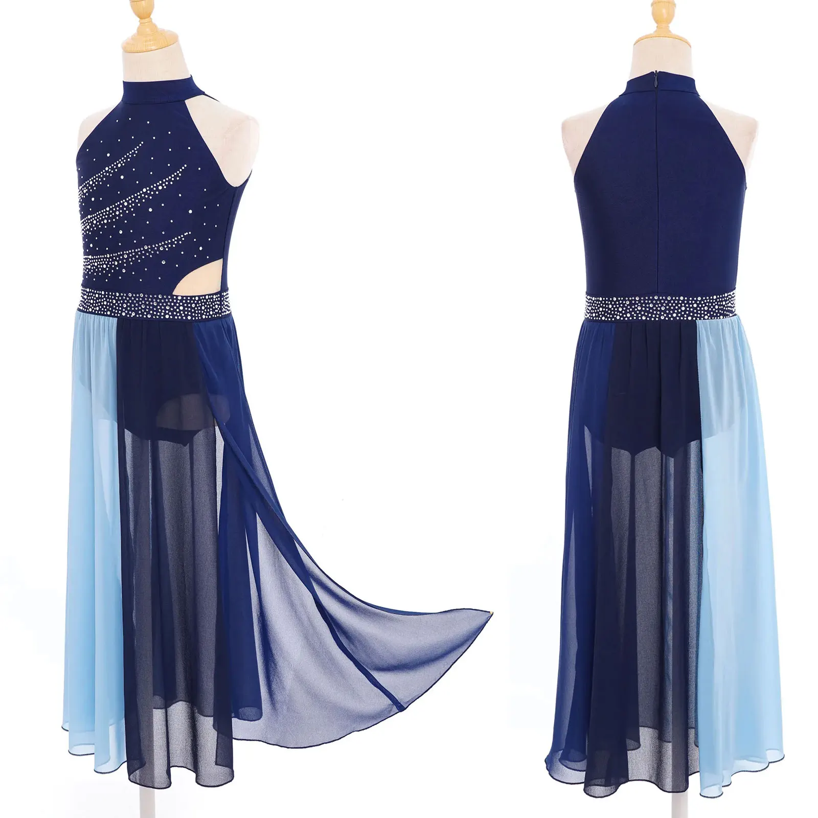 Kids Girls Modern Dance Dress Chiffon Split Ballet Gymnastics Leotard Figure Ice Skating Dancewear Lyrical Performance Dresses