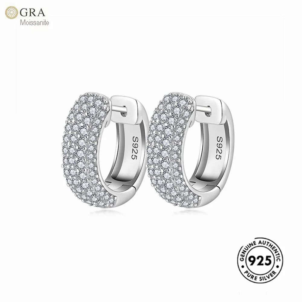 

New 2025 European Luxury Full Diamond Row Hoop S925 Sterling Silver Stud Moissanite Earrings For Men And Women