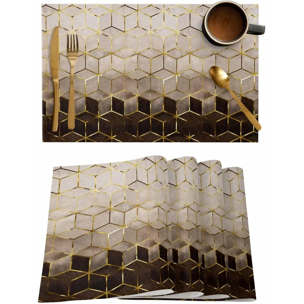 Placemats Set of 6, Geometric Pattern Abstract Art Cubes Brown Black Gold Heat Resistant Non-Slip Burlap Place Mats for Home