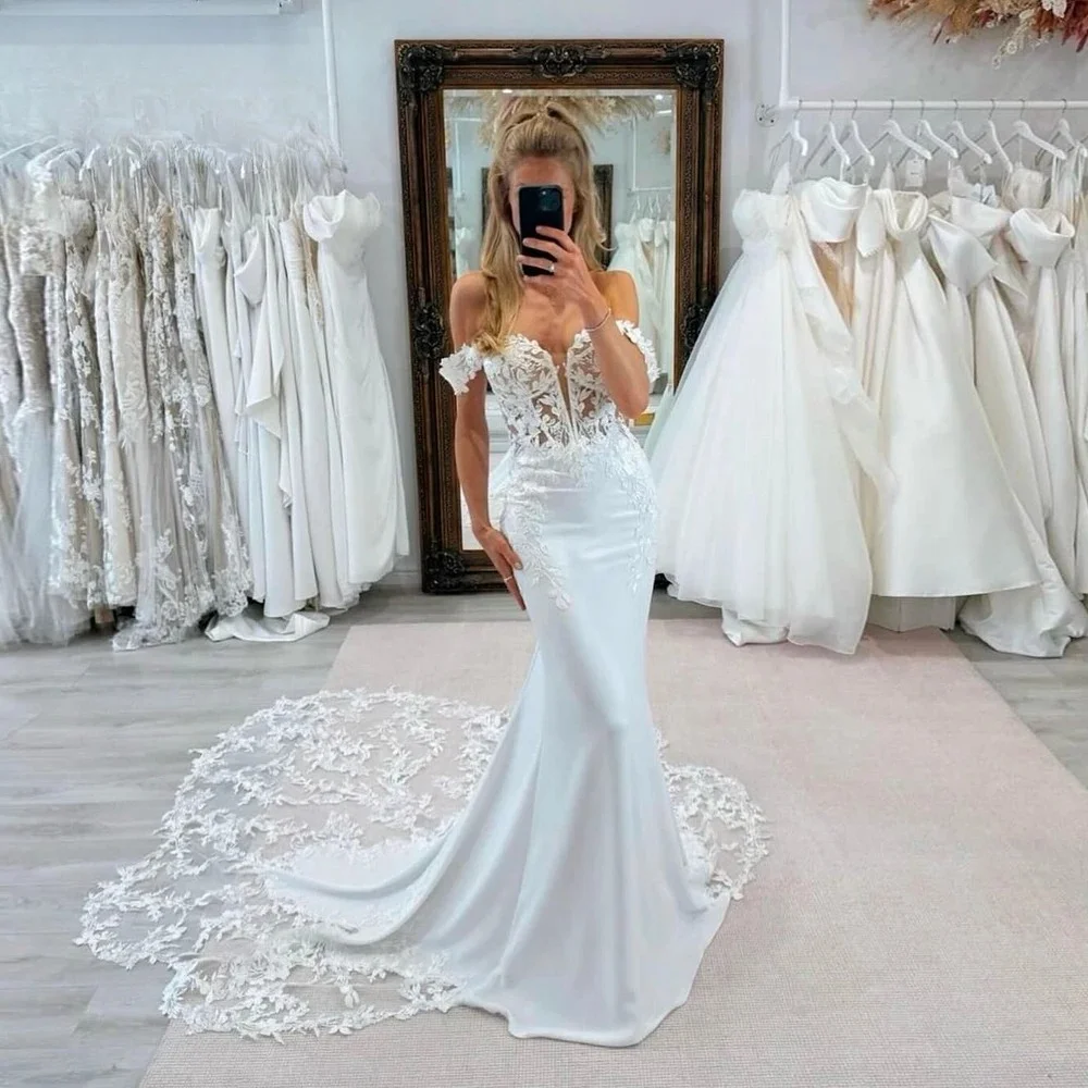 Charming Off the Shoulder Mermaid Wedding Dresses Lace Appliques Sweetheart Sweep Train Bridal Gown Robes De Mariée Customised