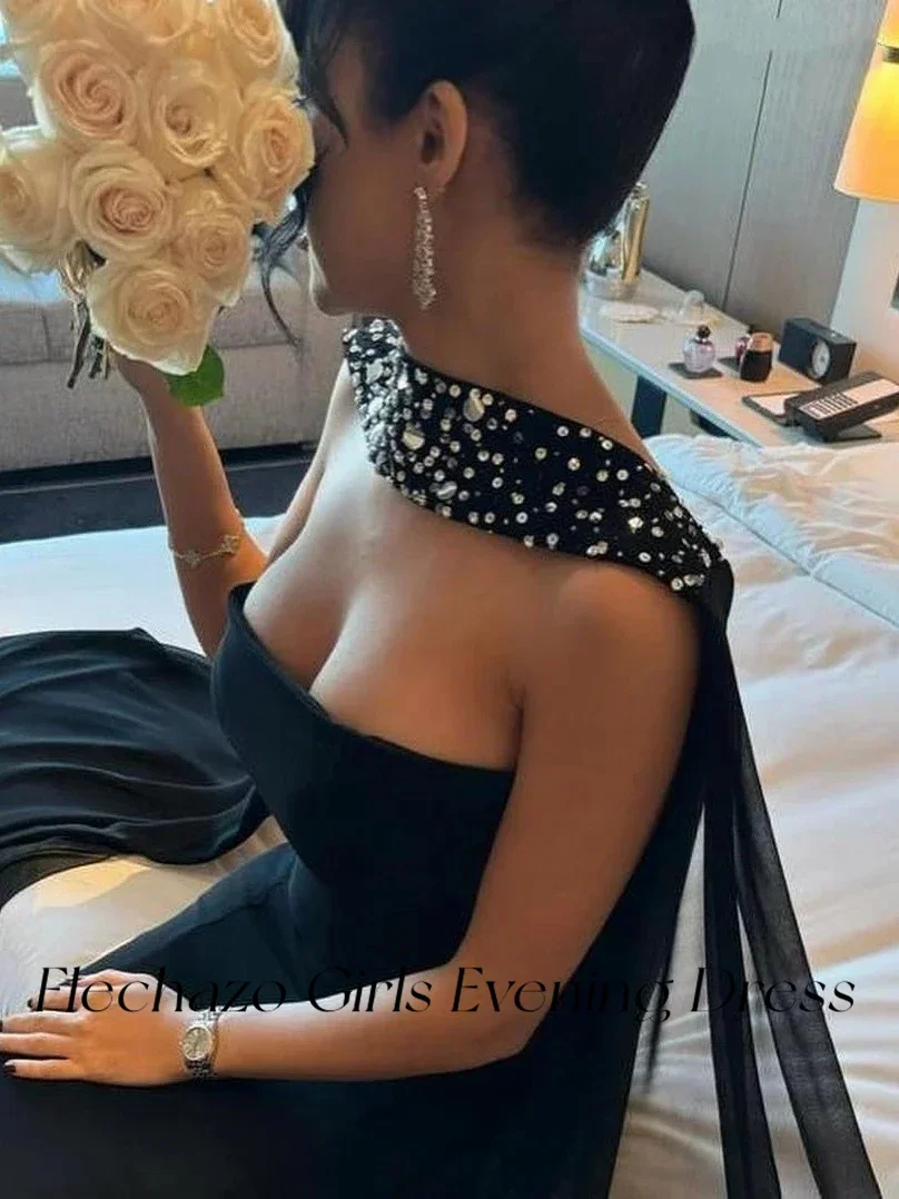 Flechazo Black Evening Dresses Strapless Crystal Beads Ribbons Formal Elegant Occasion Gown For Women 2024 vestidos para mujer