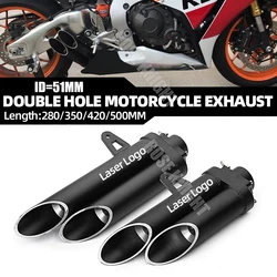 Universal 51MM Double Tube Motorcycle Exhaust Muffler Escape For Kawasaki Honda Yamaha ETC 2 Hole Exhaust Modified Accessories