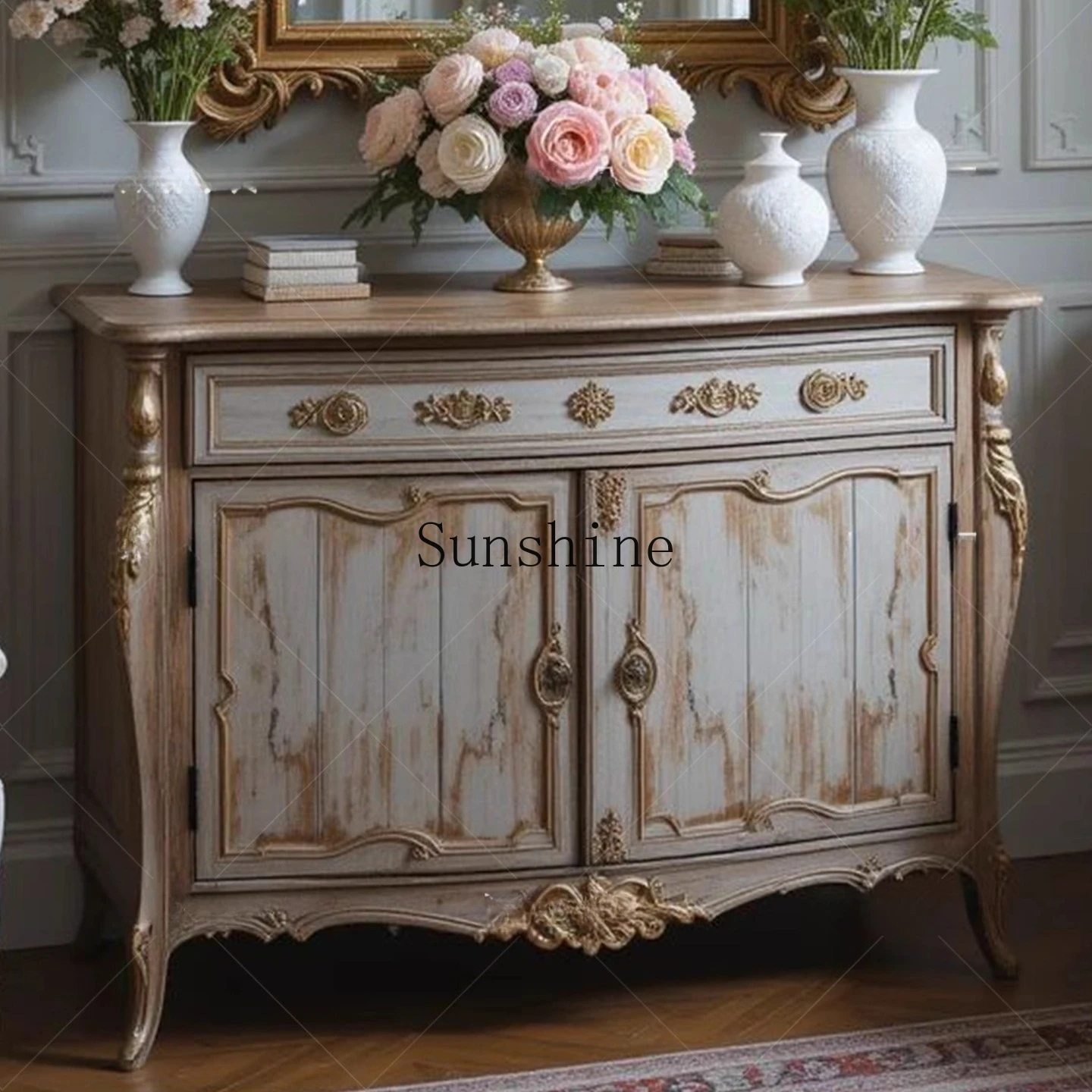 

French retro solid wood carving flower nine bucket home bedroom multi-functional drawer decorative cabinet