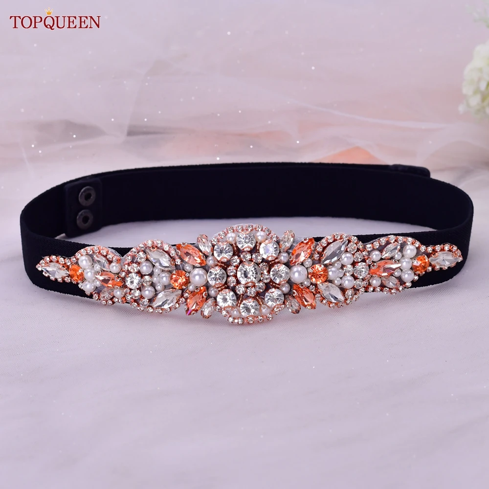 TOPQUEEN S426-B Women Dress Elastic Belt Female Overcoat Accessories Luxury Diamond Rose Gold Rhinestones Elegant Fashion