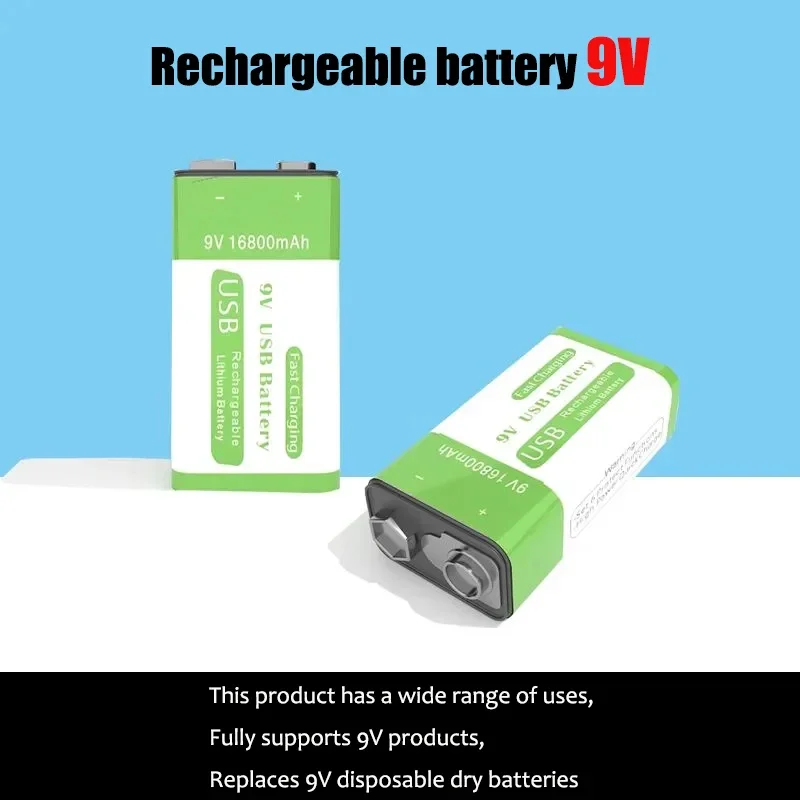 Batteria ricaricabile da 16800mAh 9V, adatta per multimetri, microfoni, rilevatori di fumo, giocattoli, ecc. cavo dati di tipo c gratuito