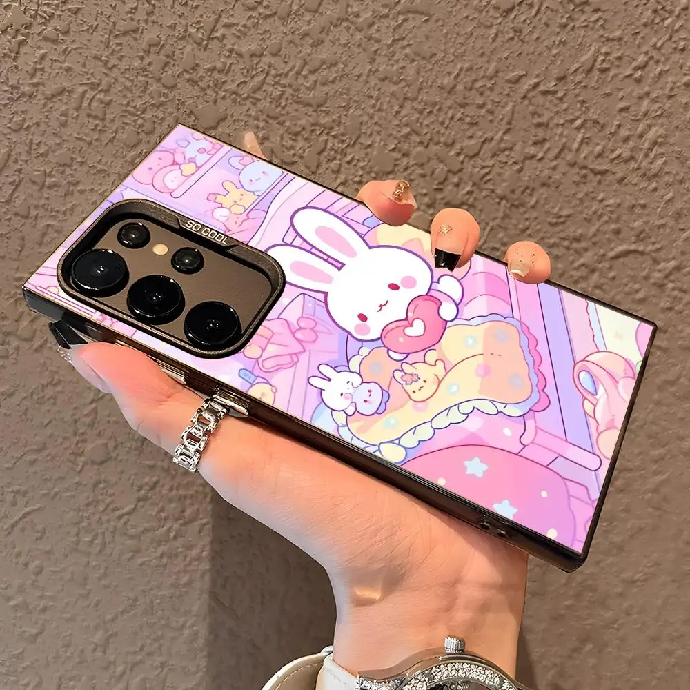 Casing Ponsel Kelinci Pink Kawaii Untuk Samsung Galaxy S25 Edge S24 S23 S22 S21 S20 Ultra Funda Silikon Penutup Perak