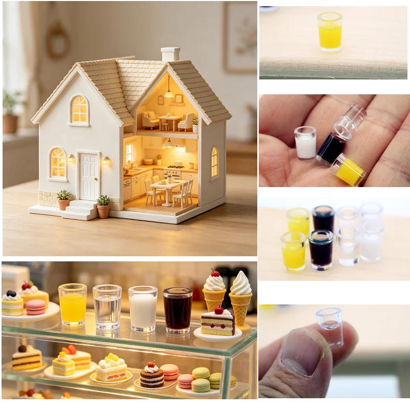 5Pcs Resin Dollhouse Miniature Bottles Mini Juice Water Milk Glass Cup Model Simulation Drinking Decor Furniture Craft Ornaments